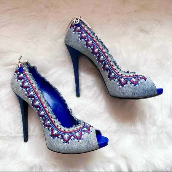 New! Rare GIANMARCO LORENZI Rhinestone Bead Embellished Embroidered Denim Heels - Picture 8 of 12